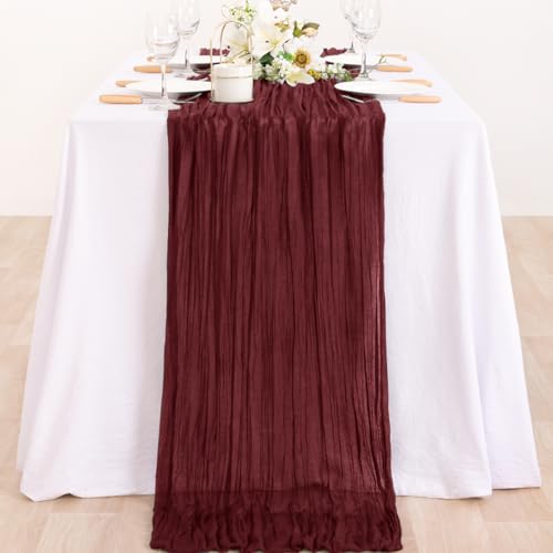 Image of MLMC 2 Pack Burgundy Red Table Runner 10ft Wine Red Cheesecloth Table Runner Sheer Gauze Cheese Cloth Centerpiece 35x120 Inches for Wedding Bridal Shower Anniversary Events Decor