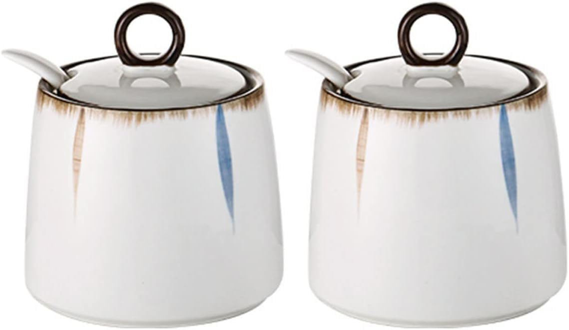 Azucarero, azucarero con tapa, azucarero con tapa y cuchara, botes de azúcar de café de cerámica, azucarero, tarro de especias for recipiente de azúcar, bote de condimento for salero-1 ( Color : 2 Set