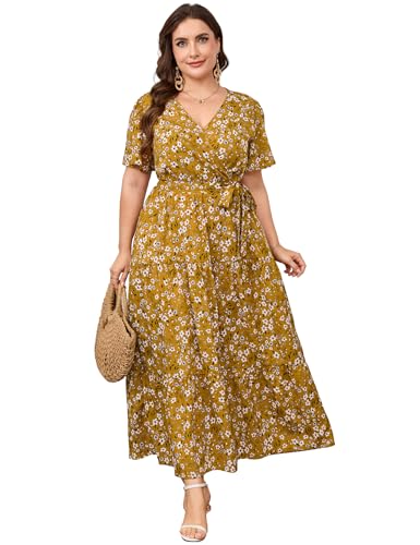 Image of ShopWonder Womens Plus Size V Neck Wrap Maxi Dress High Waist Ruffle Summer Casual Dress with Belt