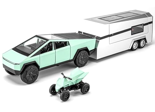 Image of 1:32 Tesla Cybertruck Pickup Truck Trailer Camper Toy Car Metal Pull Back Diecast Car with Openable Door and Sound Light, Gifts Toys for Kids【 Green 】