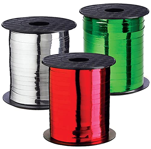Curling Ribbon Christmas Holiday Gift Ribbons Xmas Set 3 Rolls Red Green Silver Curly Thin Metallic Holidays Gifts Wrapping & Decoration (RED, Green, Silver)
