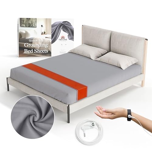 Tier One Home Fitted Grounding Sheets for Earthing, 5% Silver Fiber + 95% Certified Organic Cotton for Better Sleep and Pain Relief. Deep Pockets. Includes Grounding Wristband & Cords (Queen)