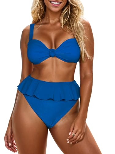 Image of Saodimallsu Women's 2 Piece High Waisted Swimsuit Ruffle Bikini Set | Twist Knot, Ribbed, Bathing Suits