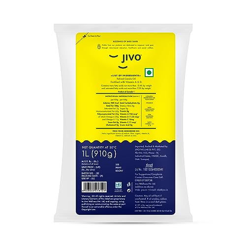 Image of Jivo Canola Oil,1 Litre Refined Pouch Cooking Oil for Daily use | Recommended by Indian Medical Association (Pack of 2)