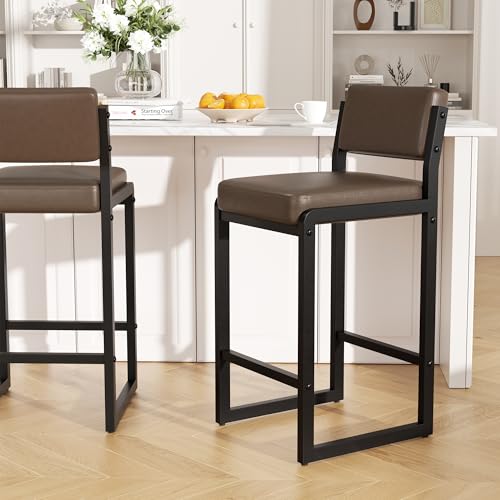 Image of 26IN Modern Bar Stools, Faux Leather Counter Height Barstools with Back and Footrest, Sturdy Thickened Metal Leg, Kitchen Bar Chairs for Island, Dark Brown