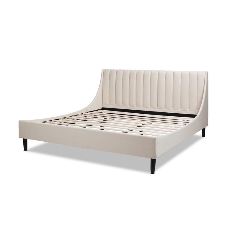 Image of HITHOS Solid Wood Modern Upholstered King Size Bed with Wingback Headboard | Wooden Double Bed Cot Palang Without Storage (Cream) 1 Year Warranty