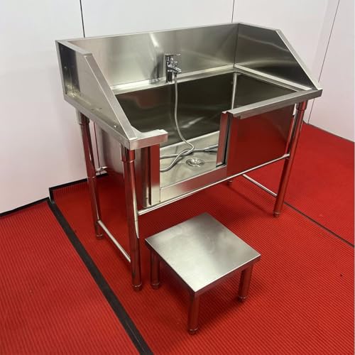 Profesjonalna wanna do pielęgnacji psów ze stali nierdzewnej z mydelniczką i kranem, w zestawie bogate akcesoria, łatwa do czyszczenia wanna dla zwierząt domowych