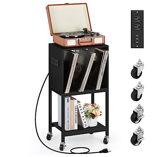 Black Record Player Stand with Vinyl Storage Vinyl Player Stand 3 Tier Turntable Stand with Record Storage Small Record Player Table with Album Storage Charging End Side Table for Living Room Bedroom
