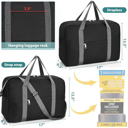 For Spirit Airlines Personal Item Bag 18x14x8, Foldable Travel Duffel Bag Tote Carry on Luggage Duffle Weekend Overnight Bag for Women and Men(Black)3