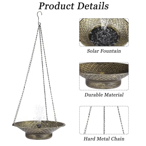 Hanging Solar Bird Bath for Outdoors, Metal Solar Powered Bird Bath Fountain, No Batteries Needed, 12.6" Hanging Bird Baths for Garden Patio Lawn Decor, Gold by Aifeorzo - Used condition - Image 6