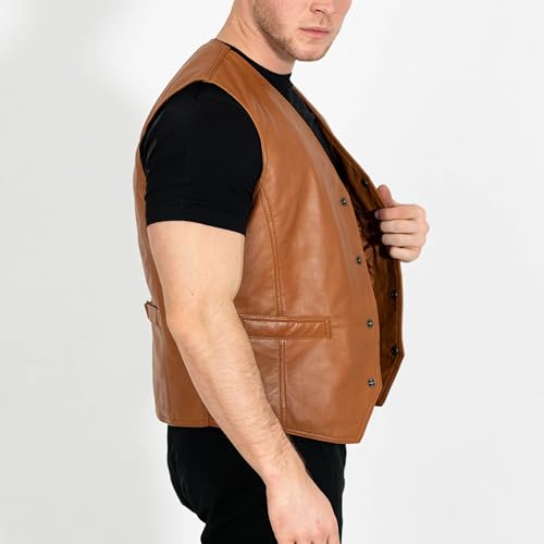 Image of BRICK LANE Men's Leather Vest | V-Neck Western Design Waistcoat with 4 Pockets - Lamb Nappa Leather Lightweight Jacket