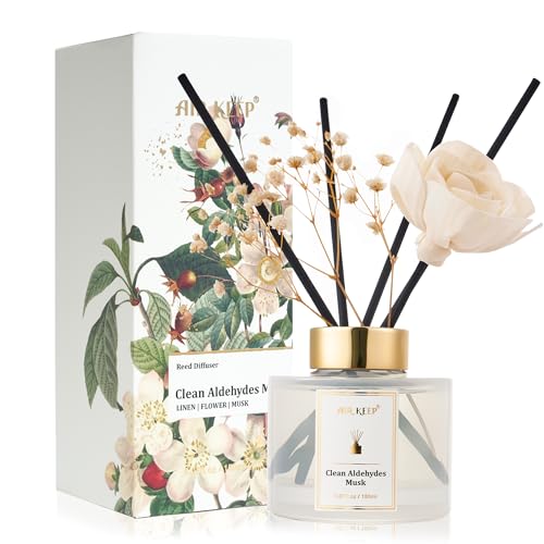 Airkeep Flower Reed Diffusers Set, 5.07 oz Clean Aldehydes Musk Scented Oil Diffuser with 8 Reed Sticks, Home Fragrance Diffuser Gift Set for Bathroom & Office Decor 150ml