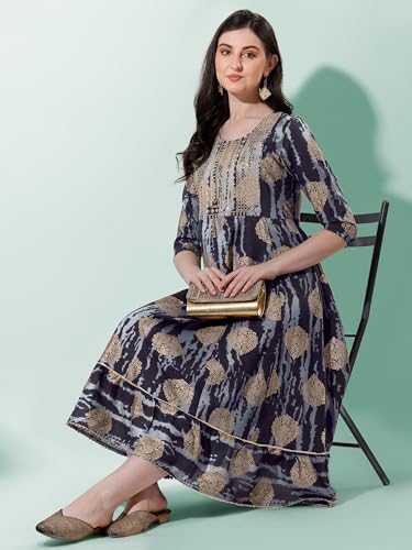 Image of MIRCHI FASHION Women's Cotton Relaxed Fit A Line Sequins Embroidery Work Foil Printed A-Line Kurti Only