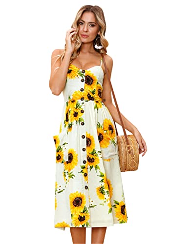 Image of YMING Womens Summer Spaghetti Strap Dresses Button Down Floral Sundress High Waist Swing Midi Dress with Pockets