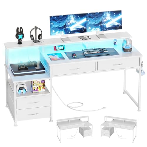 CAIYUN Computerschreibtisch mit 4 Schubladen & integrierten Steckdosen - Reversibler Schreibtisch für Home-Office, Gaming-Tisch mit Monitor- & Druckeraufsatz, LED-Licht fürs Schlafzimmer (Weiß)