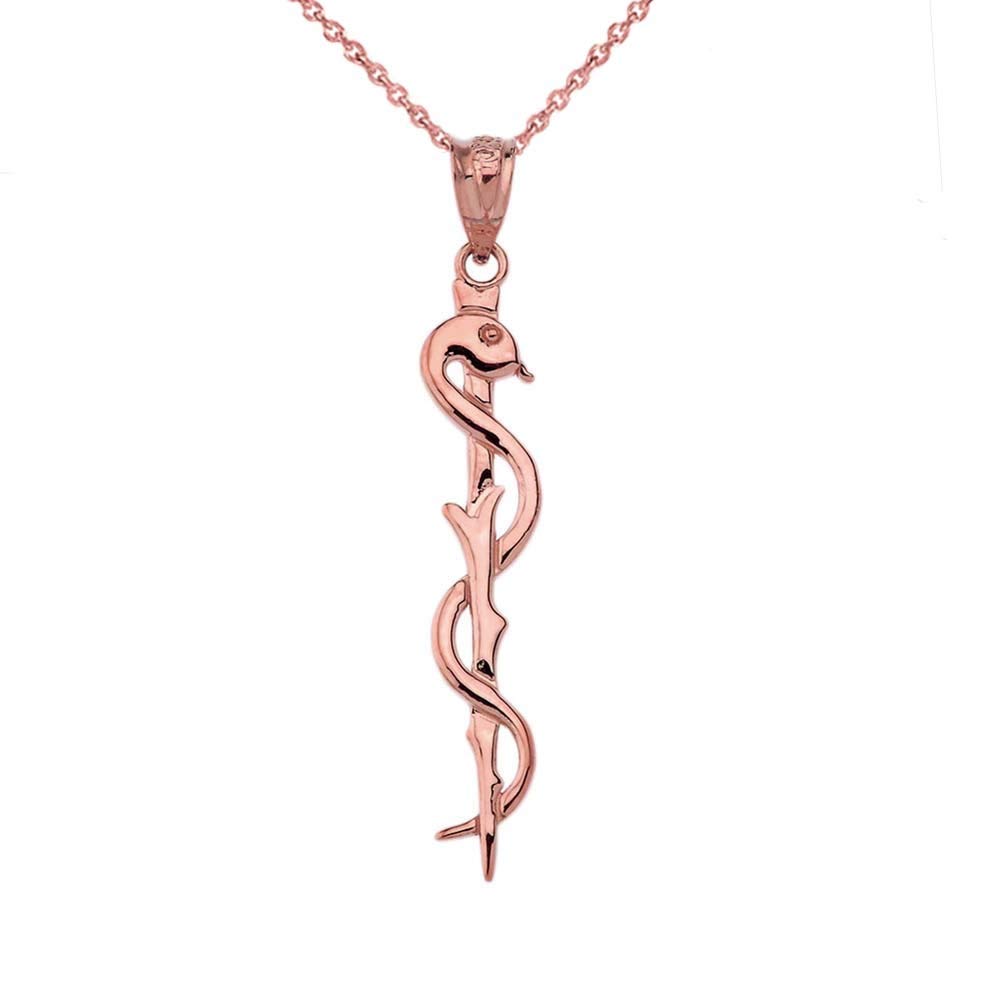 Fine 14k Rose Gold Rod of Asclepius Medicine Symbol Pendant Necklace