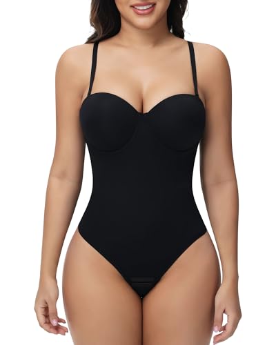 SHAPERIN Women's Tummy Control Shapewear Bodysuits Strapless Low Back Body Shaper with Built-in Bra & Removable Straps