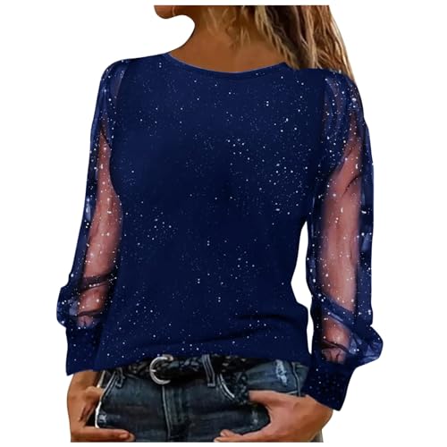 Camicia Donna Elegante in Rete Camicie Trasparenti Bluse con Paillettes Scollo a V Camicia Manica Lunga Glitter Camicetta Vintage Paty Abiti da Cocktail Club Night Blusa Leggero Classico Tops