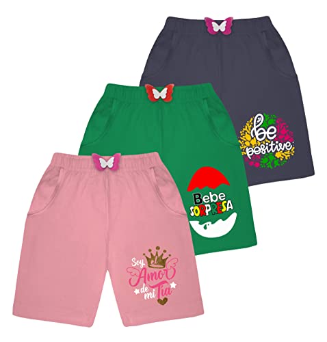 Image of KYDA KIDS Cotton Printed Pocket Bow Shorts for Girls - Regular Fit Girls Shorts with Elastic Waist Multicolored (Pack of 3)