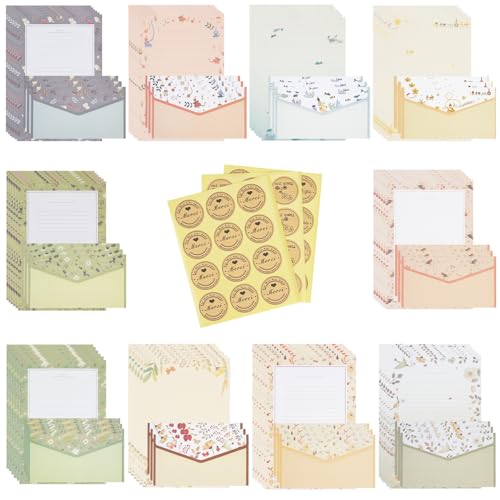 WRENYZK 93 Pcs Stationery Paper Set, 30 Envelopes + 60 Writing Paper + 36 Stickers, Vintage Flowers Writing Paper, Cute Lined Stationery Paper for Writing Letters Invitations Office School Supplies