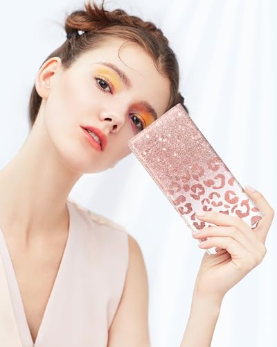 Image of Nipichsha Womens Wallet, RFID Slim Wallets for Women, Thin Ladies Credit Card Holder Purse, Cute Leather Bifold Clutch Billfold with 11 Card Slots & ID Window, Pink Gilt