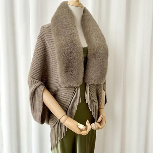 Ladies Knitted Loose Thickened Shawl Coat, Knit Fringe Cape Shawl Fur Collar Cape, Winter Knit Fringe Fur Collar Shawl (One Size, Khaki)4
