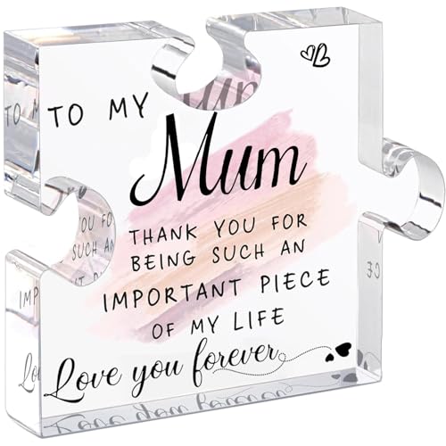 Tillskuch Mum Gifts - Puzzle Shaped Acrylic Plaque with Gift Box - Meaningful Gifts for Mum from Daughter Son - Mothers Day Christmas Birthday Present Ideas - Unique Desk Decor for Mum