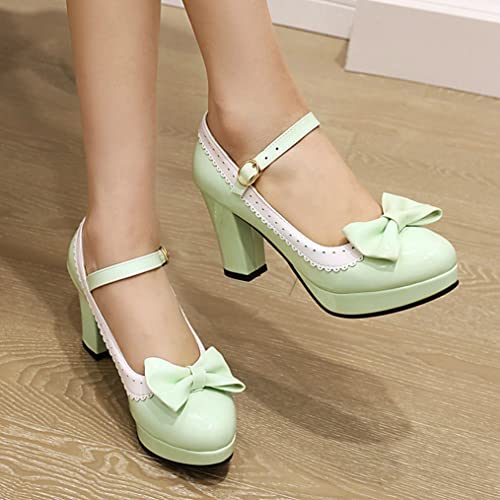 Meefit Womens Wingtip Mary Janes Patent Leather Rockabilly Shoes Platform Bow Block High Heels Vintage Lolita Pumps4
