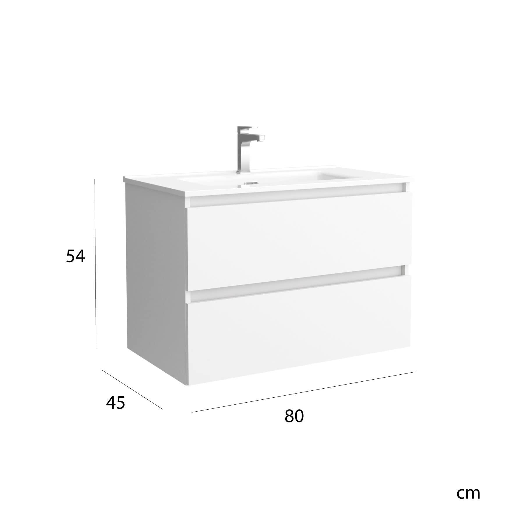 Mueble de baño Bequia 80 cm con Lavabo 100% montado de fábrica | Acabado Blanco Mate suspendido 2 cajones Cierre amortiguado Apertura con uñero | Lavabo Porcelana Blanca | Marca Salgar