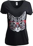 Ann Arbor T-shirt Co. Red Linda Glasses Cat | Sassy Funny Kitty Belcher Cute V-Neck T-Shirt for Women-(Vneck,L)