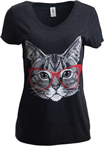 Ann Arbor T-shirt Co. Red Linda Glasses Cat | Sassy Funny Kitty Belcher Cute V-Neck T-Shirt for Women-(Vneck,L)