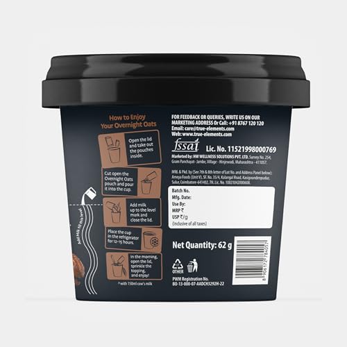 Image of True Elements Overnight Oats Choco Bae 62g Pack of 3 | Ready-to-Eat Breakfast | High Protein, Fibre & Chocolate Flavour | Healthy Instant Oats Snack