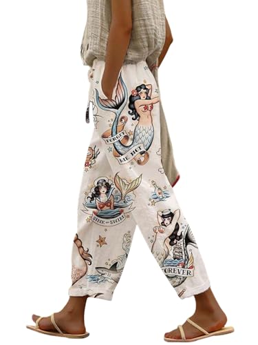 Women's Wide Leg Casual Pants Elegant Vintage Floral Print Drawstrings Elastic Waist Trousers with Pockets