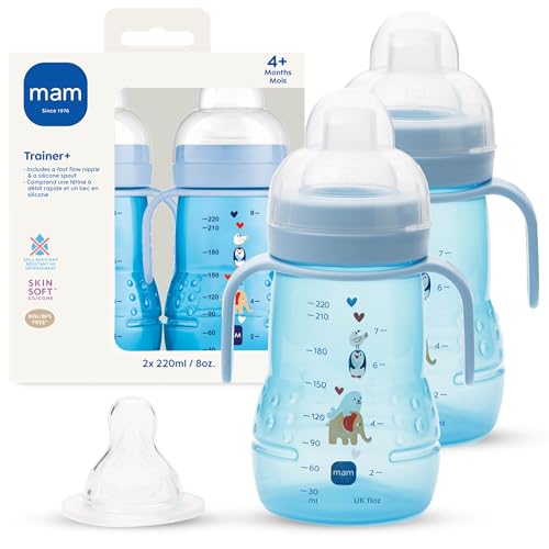 Image of MAM 8 oz Trainer + Sippy Cup 2-Pack, 4+ Months 2-in-1 Baby Training Cup with Nipple & Silicone Spout, Spill Proof, BPA Free, Dishwasher Safe, Made In Europe