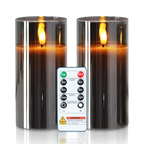 Image of Homemory Grey Glass Flameless Candles Battery Operated LED Pillar Candles with Remote and Timer, Real Wax Flickering Candles with 3D Wick for Home Wedding Holiday Decor, Set of 2, 3 inchx6 inch