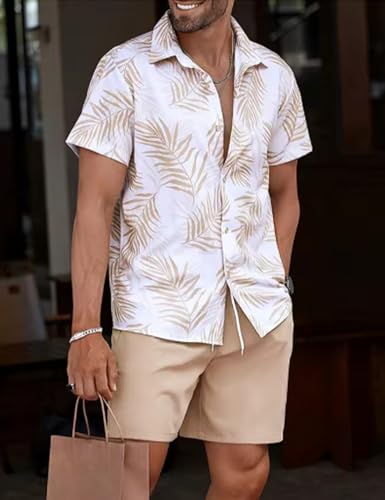 Image of Yimoon Men's Summer 2 Piece Outfits Tropical Print Short Sleeve Button Down Hawaiian Beach Shirt and Shorts Set