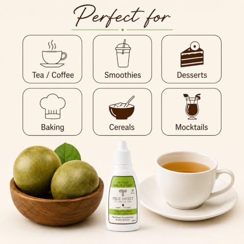 Image of True Sweet Co. Monk Fruit Sweetener Drops for Diabetics and Keto | 100 Servings | 200 Drops | No Erythritol | Sugar Replacer | Zero Sugar Liquid Sweetener | 10ml