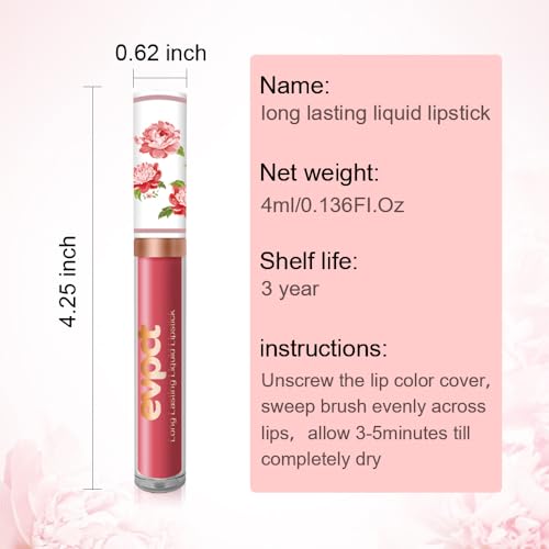 Image of evpct 1Pcs Ruby Red Matte Liquid Lipstick Lip Stain Sets for Women, Peony Flower Dark Red Matte+Lipstick Long Lasting Permanent 24 hr Hours Magic Lipstick 24 Hours original Waterproof, 04#