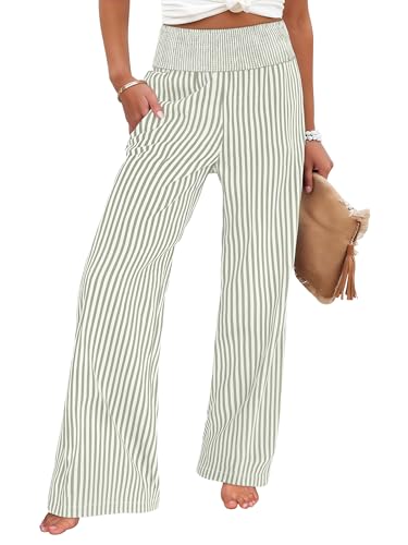 ANRABESS Womens Palazzo Pants, Striped & Gingham, Lounge & Casual, Cute Pajama Pants, Wide Leg, High Waisted, Pockets Army Green White Stripe Medium