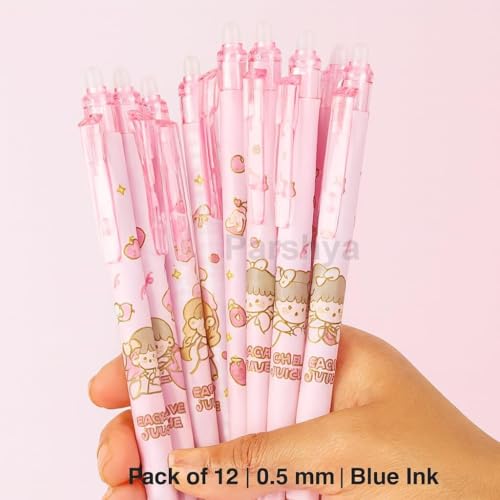 Image of Alokik 12 Pcs Cute Peach Girl Erasable Gel Pen Set 0.5mm Fine Tip Blue Ink - Cartoon Retractable Gel Pens with Eraser Tip, Smooth Writing Pens for Kids Girls School Office Supplies Stationery