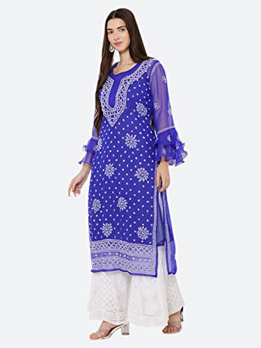 Image of FAWOMENT Women's Designer Georgette Straight Kurta with Hand Crafted Lucknowi Chikankari Embroiderey Emblemished Moti Work Along