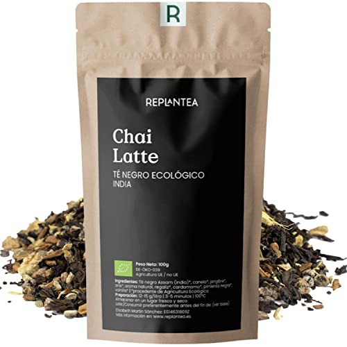 TE CHAI LATTE 100% Orgánico 100g (50 Tazas) | Masala Chai Tea a Granel REPLANTEA® | Té Negro Assam India, Canela, Jengibre, Anís, Regaliz, Cardamomo, Pimienta Negra y Vainilla