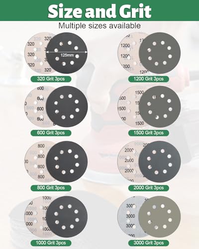 JatilEr 24 Stück Schleifpapier 125mm Klett, 8 Loch Nasse Trockene Schleifscheiben Körnung 320/600/800/1000/1200/1500/2000/3000 Fein Exzenterschleifer Schleifpapi Set für Auto Metall Holz