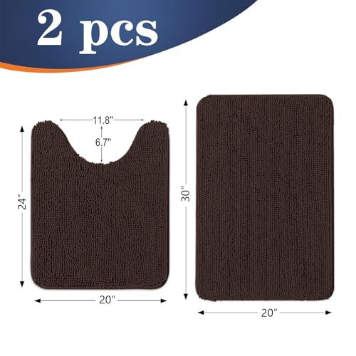 Image of OLANLY Bathroom Rugs Sets 2 Piece, Soft Absorbent Chenille Bath Mats and U-Shaped Contour Toilet Mat Area Rug Set, Machine Washable Bath Carpet, Home Decor Accessories(30 inchx20 inch+24 inchx20 inch, Brown)