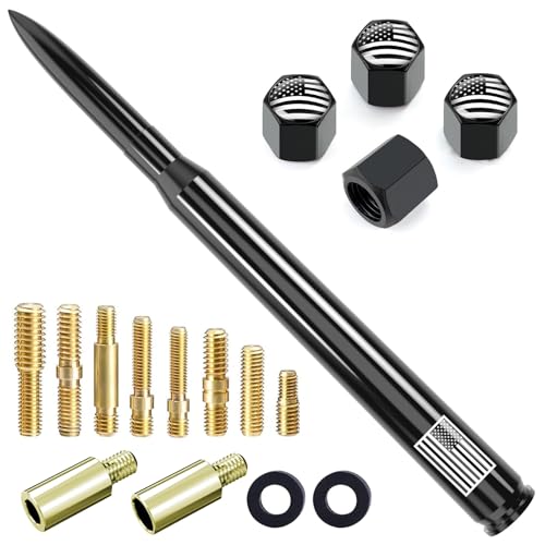Image of 8 inch Car Truck Bullet Antenna with Tire Valve Caps American Flag Universal Replacement for GMC Sierra Chevy Silverado Dodge Ram 1500 2500 3500 Ford F150 F250 F350 Super Duty Raptor Accessories Black