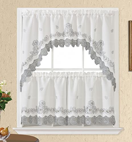 GOHD Lace Rosarium Kitchen Curtains, 3PCS Kitchen Curtains and Valances Set, Elegant White Fabric with Rose Embroidery and Lace. (Grey, Swag and 22 inches Tiers Set) by GOHD GOLDEN OCEAN HOME DECOR - Used condition - US$14.86