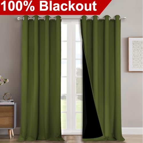 Image of NICETOWN 100% Blackout Curtains for Windows, Pack of 2, Olive Green, 52 inch W x 120 inch L, Super Heavy-Duty Black Lined Total Darkness Drapes for Bedroom, Privacy Assured Window Treatment for Patio