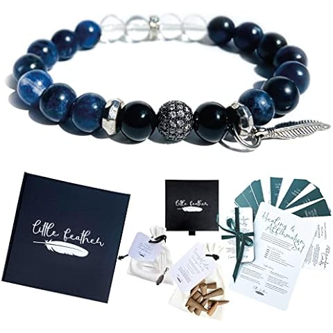 LITTLE FEATHER Luxury Healing Stone Bracelet, Affirmation & Incense Gift Set. Anxiety, Protection, Positivity Calm Black Tourmaline, Sodalite, Clear Crystal Quartz, One Size - Elasticated Cover