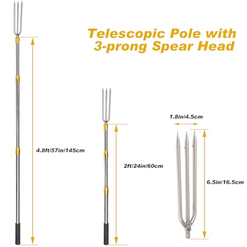 Cyfie Telescopic Fishing Gaff Flounder Gig, Stainless Steel Fishing Hunting Harpoon Pole with Spear Hook Barbed, Heavy Duty Frog Flounder Gig for Ice Fishing Saltwater Sea (4.8ft Long with 3-Prong)