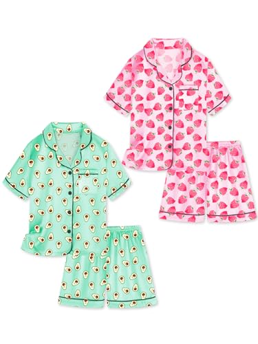 Vopawetty Satin Pajamas for Girls 4-Piece Short Sleeve Button Down Silky PJ Set Pink Strawberry - Avocado 14 Years